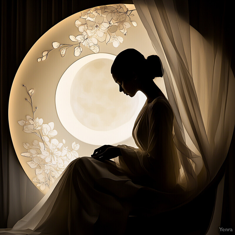 A woman sits in front of a circular window with a floral design, surrounded by darkness.