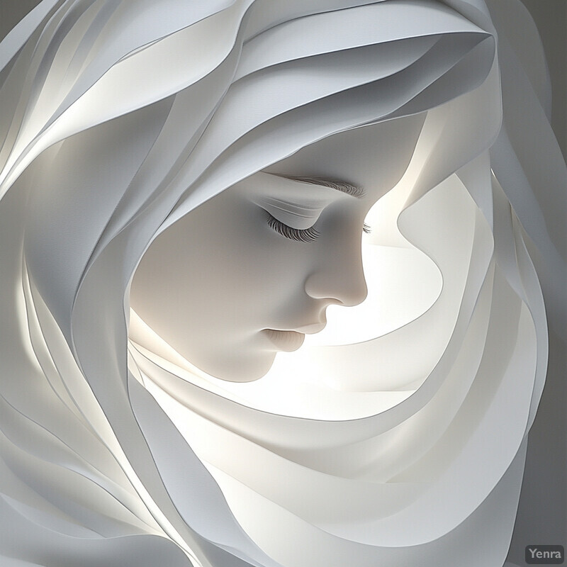 A woman's face is surrounded by flowing white ribbons or fabric, conveying a sense of peace and tranquility.