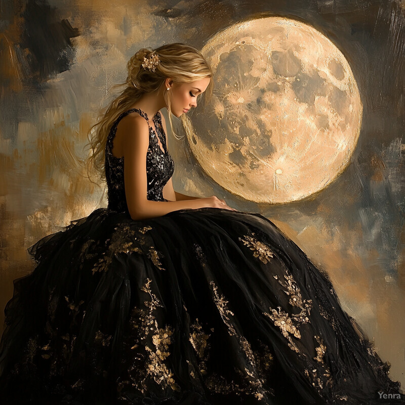 A woman gazes at the moon in a serene and dreamy scene.