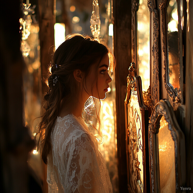 A woman stands in front of a mirror, lost in thought.