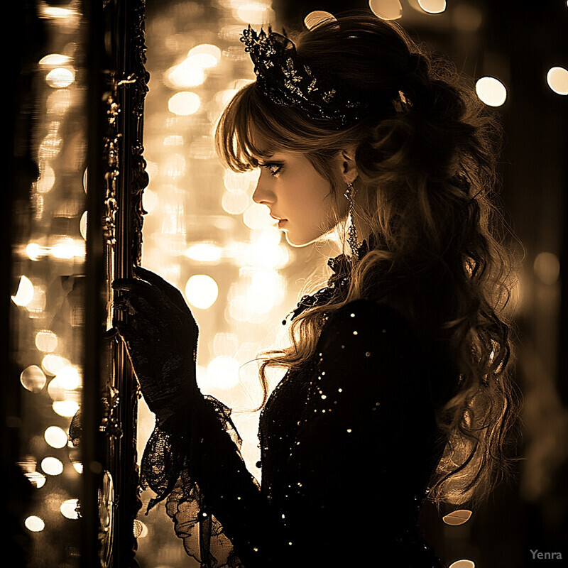 A woman in a black dress stands in front of a mirror, holding a compact and surrounded by lights and decorations.