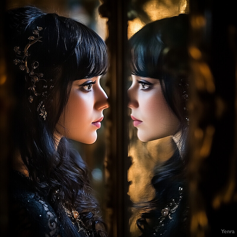 Two women with dark hair and bangs stand side by side in front of an old-fashioned mirror.