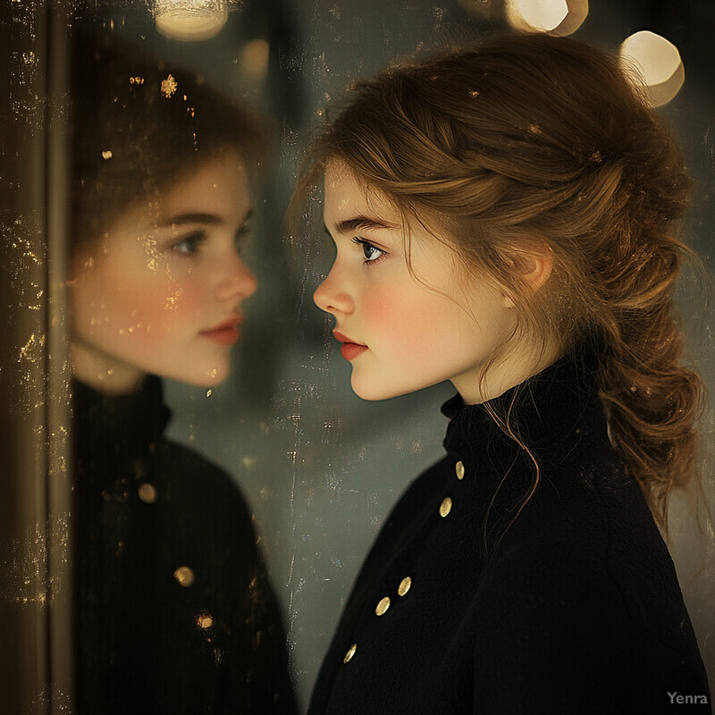 A young girl stands against a gray wall or curtain backdrop, gazing downward with an air of seriousness.