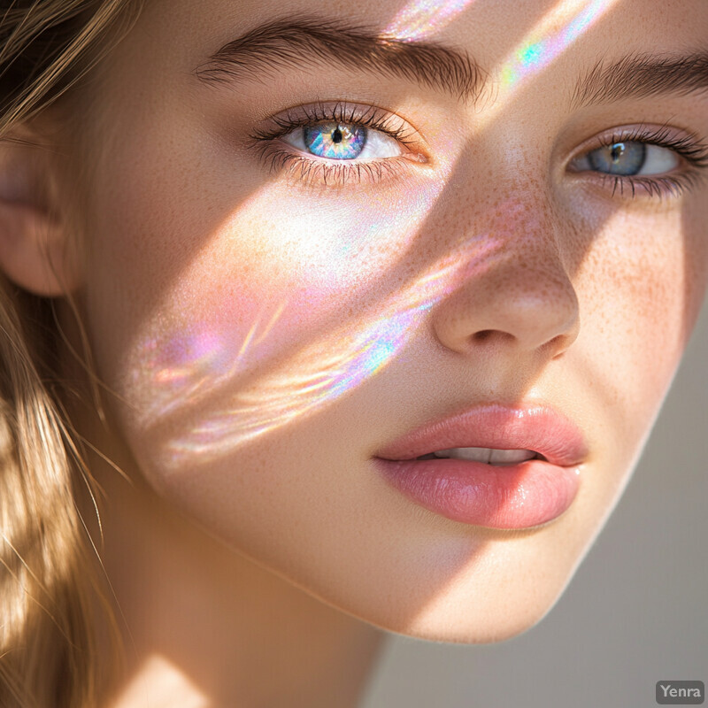 A close-up portrait of a fair-skinned woman with light hair, gazing towards the right side of the frame.