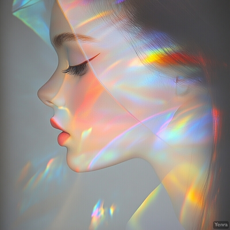 A woman's profile is partially obscured by a rainbow-colored light, creating an ethereal and dreamy atmosphere.