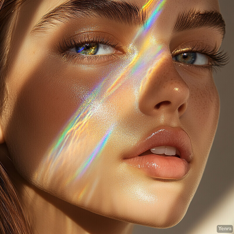 A close-up portrait of a woman with a rainbow-like streak of light across her face, gazing slightly to the right.