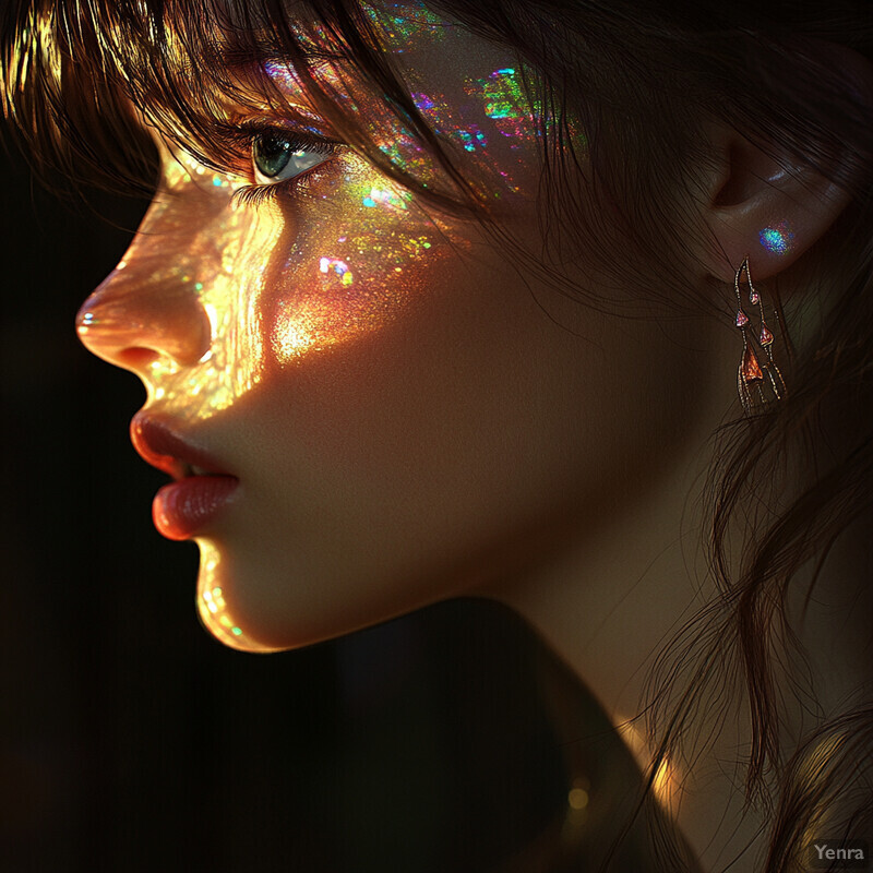 A woman with long brown hair and bangs gazes to her left, illuminated by an opalescent light source.