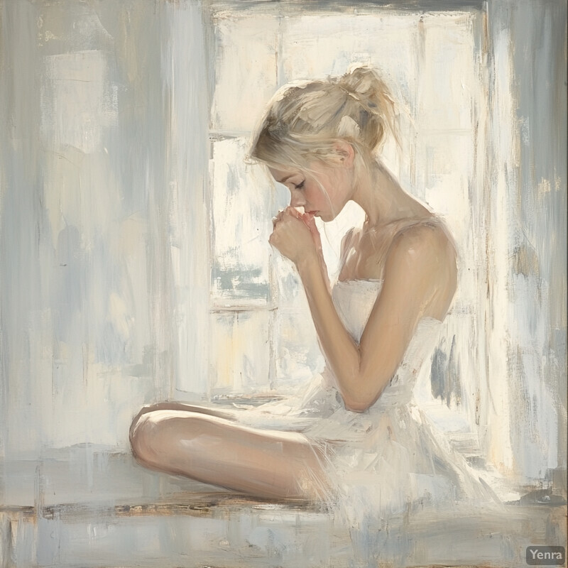 A serene and contemplative scene of a woman sitting on the floor in front of a window.