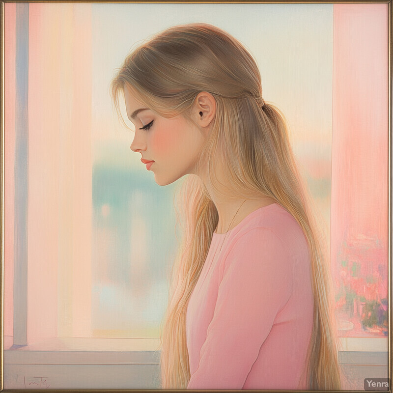 A young woman with long blonde hair gazes downward by a window in a serene cityscape.