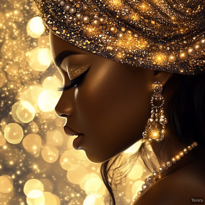 A close-up portrait of a woman with dark skin and long black hair, wearing a pearl headband and bold makeup.