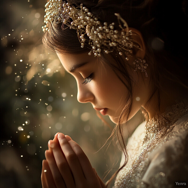 A woman in prayer or worship, adorned with pearls and lace, conveying a sense of reverence and devotion.