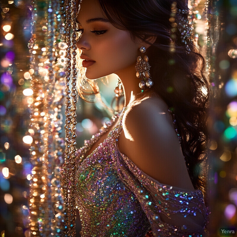 A woman in a sparkly dress stands in front of a wall with sparkling decorations.