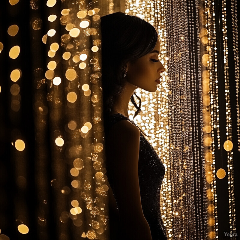 A woman stands in front of a curtain adorned with strings of lights or crystals, exuding an air of elegance.