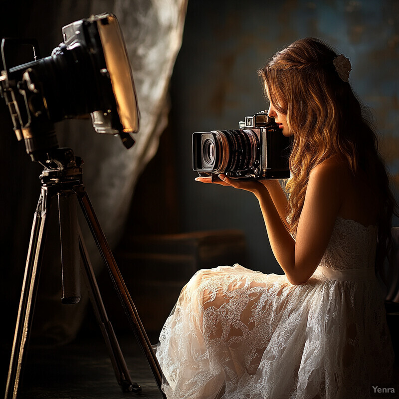 A woman in a white lace wedding dress poses for a photographer in a studio setting.