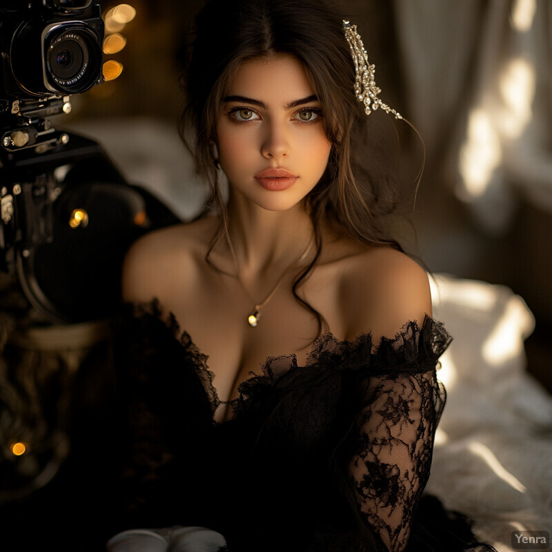 A young woman in a black lace dress poses for a photograph, with an old-fashioned camera visible in the background.