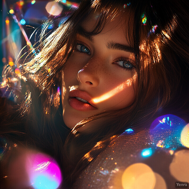 A woman with long brown hair and bangs, wearing a black top or dress with glittery shoulders, posing for a photo.