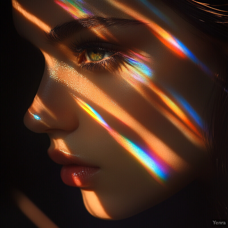 A serene close-up of a woman's face with a subtle rainbow light effect.