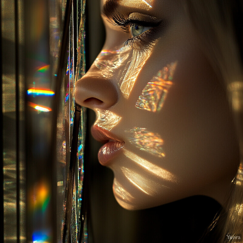 A woman gazes out of a window or doorway at night, lost in thought as she observes the city street beyond.