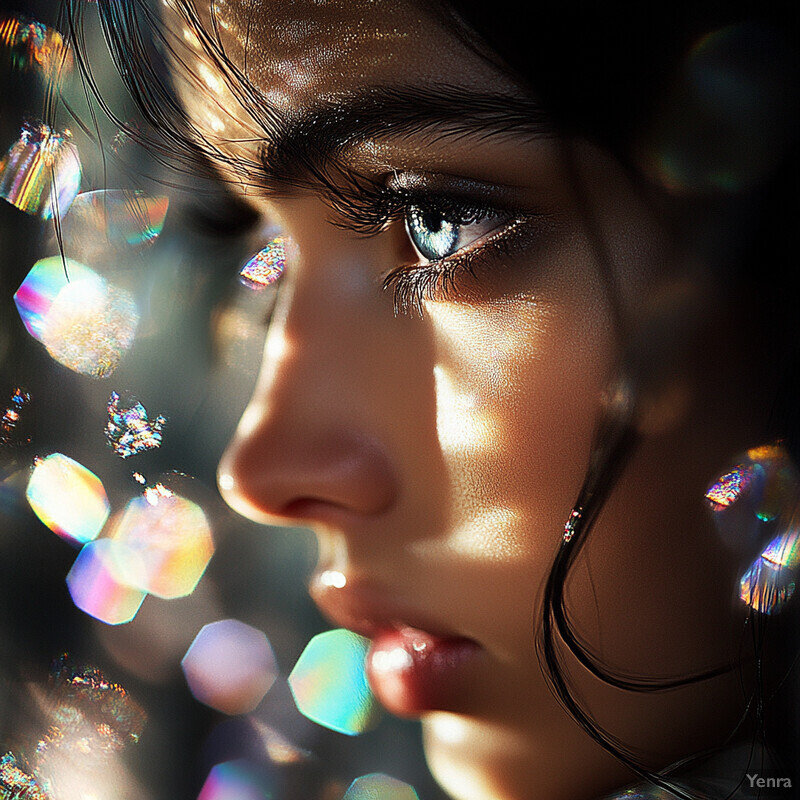 A young woman in profile surrounded by vibrant prismatic colors, lost in thought or observing something outside the frame