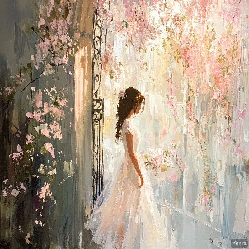 A woman in a white wedding dress stands in front of an ornate door, surrounded by pink flowers.