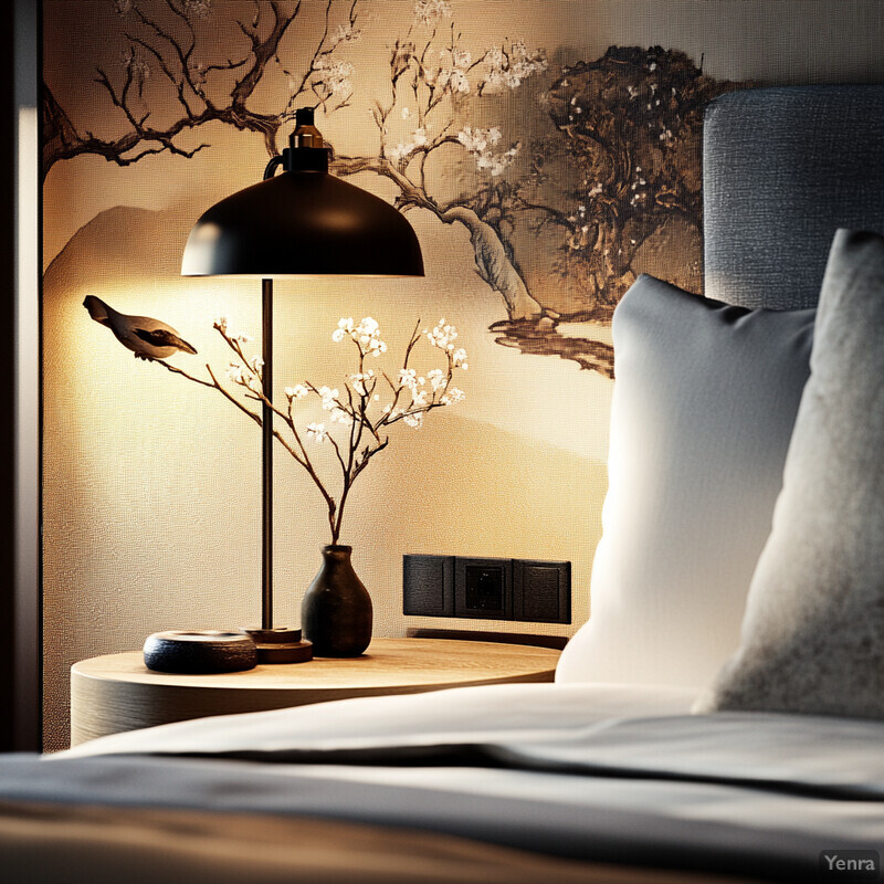 A peaceful bedroom scene with a bed, lamp, and decorative items on a nightstand.