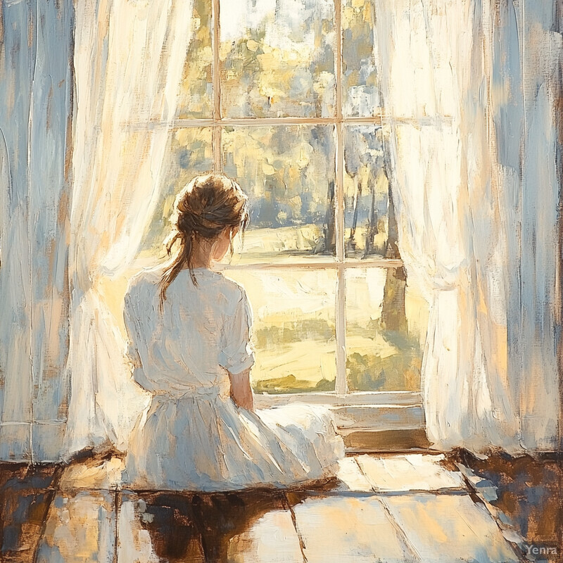 A young girl sitting by the window, gazing out at the sunlight.