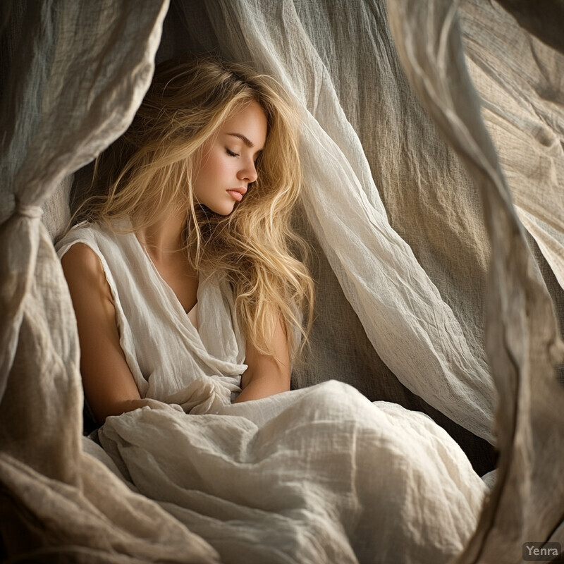 A woman sits in a cozy nook surrounded by white curtains, lost in thought.