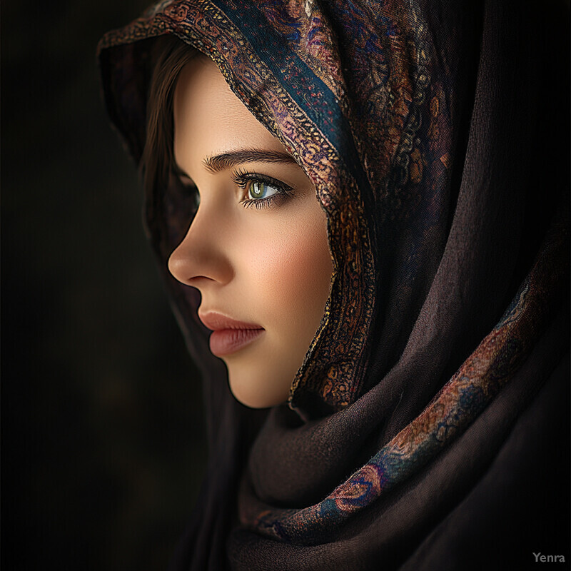 A young woman with fair skin and brown hair wearing a black headscarf with intricate patterns gazes to her left.