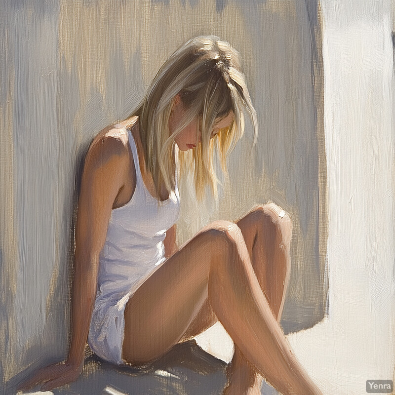 A serene painting of a woman sitting against a white wall, lost in thought.