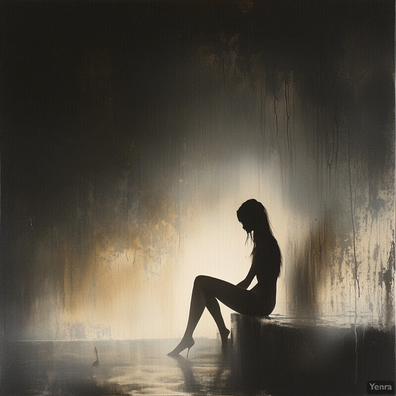 A woman sits on a ledge in front of a wall, exuding a somber atmosphere.