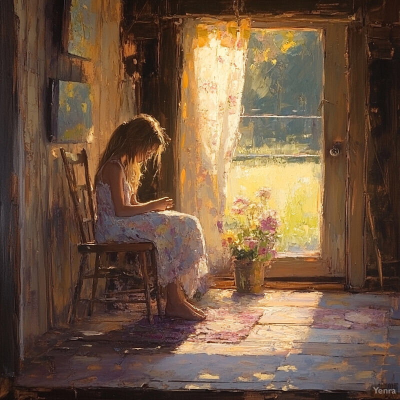 A young girl sits in front of an open door, lost in thought while holding her hands together.