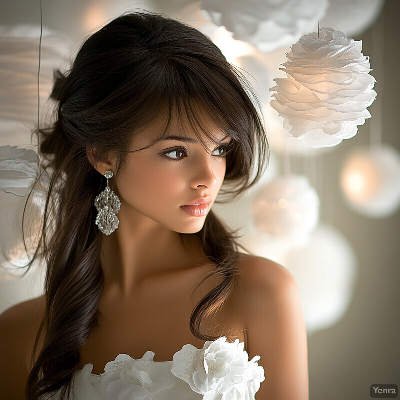 A woman in a white strapless dress with large white flowers on the chest, surrounded by soft lighting from hanging flower-shaped lights.