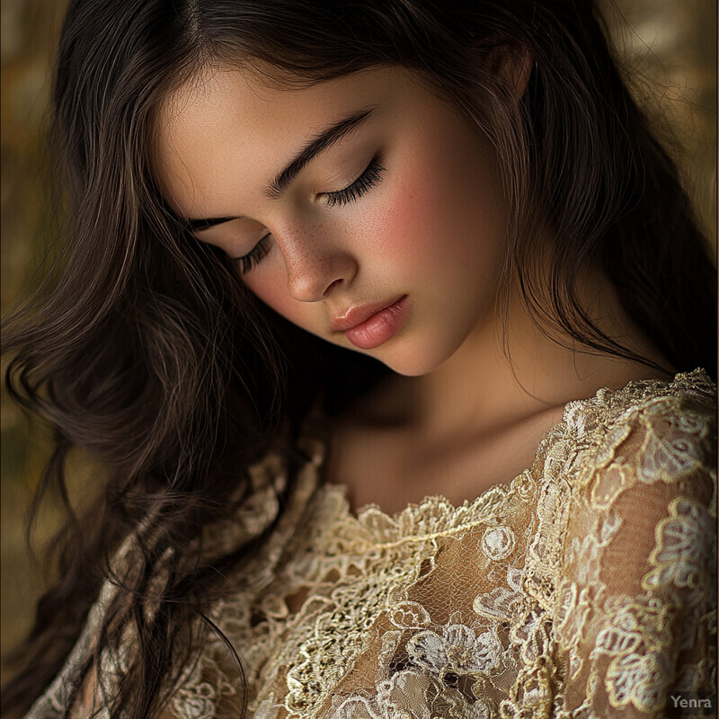 A young girl with long brown hair gazes downward, wearing a white lace dress with intricate floral patterns.