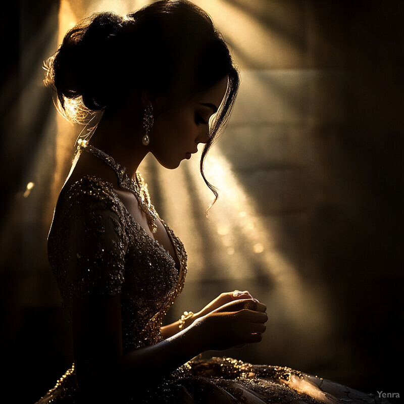 A woman in a gold dress with intricate beading and sequins, posing with clasped hands in a blurred room.