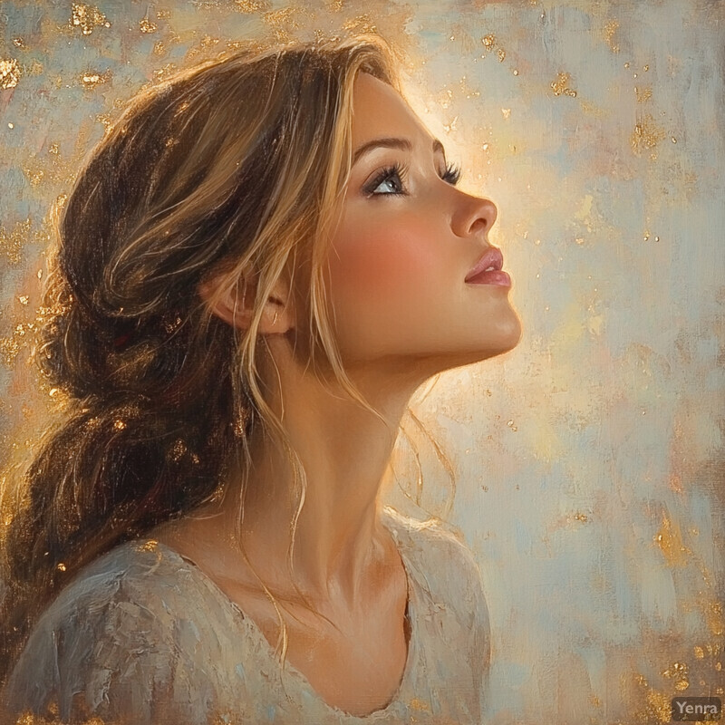 A serene portrait of a woman gazing upwards towards the light source