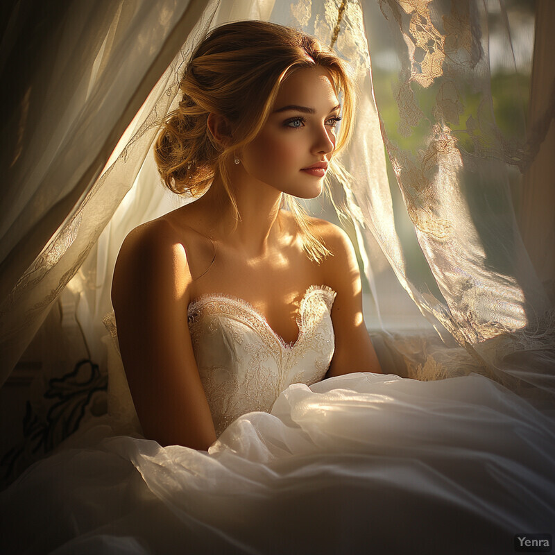 Woman in wedding dress sitting on couch surrounded by white lace curtain and flowers