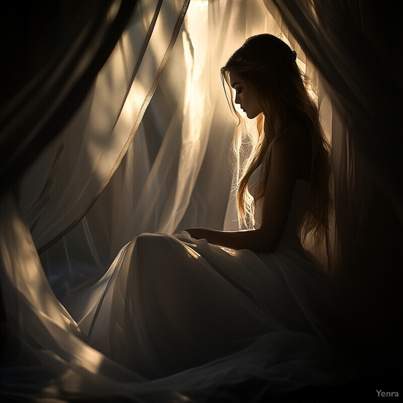 A serene and contemplative scene of a woman sitting in front of a window with sheer curtains, bathed in soft sunlight.