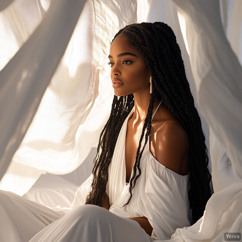 A serene portrait of a woman with long braids sitting in front of white curtains.