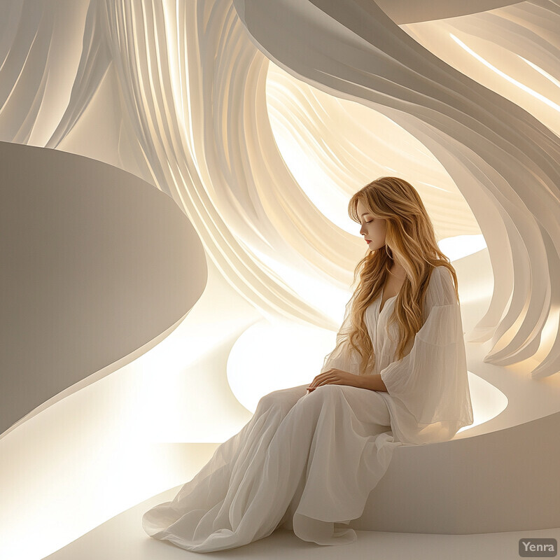 A serene image of a woman sitting on a curved bench or ledge within a room with smooth, flowing curves.