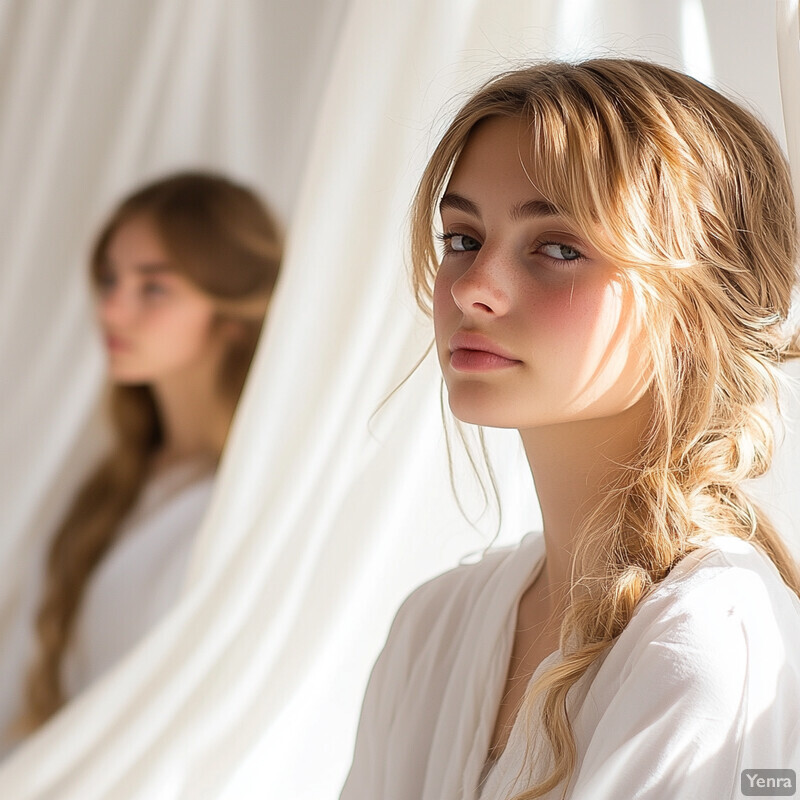 Two young women stand in front of a white curtain or drapes, exuding peace and serenity.