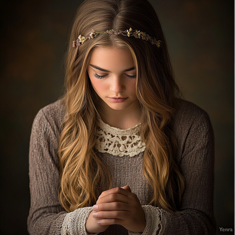 A young woman with long blonde hair and a floral headband, wearing a brown knit sweater with white lace trim, posing for a photo.