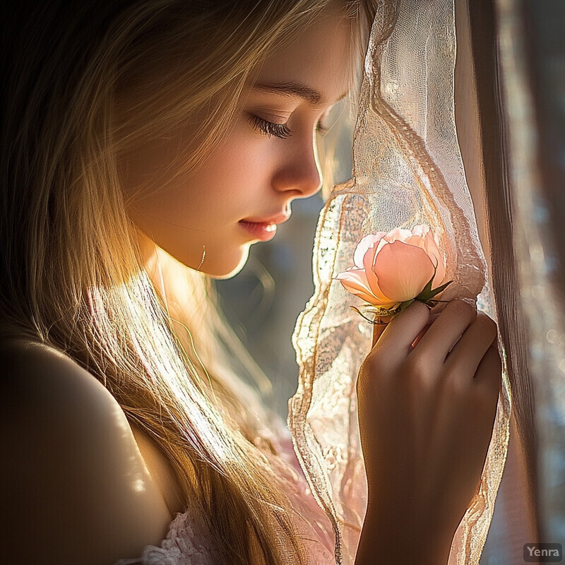 A young woman holding a pink rose by a window