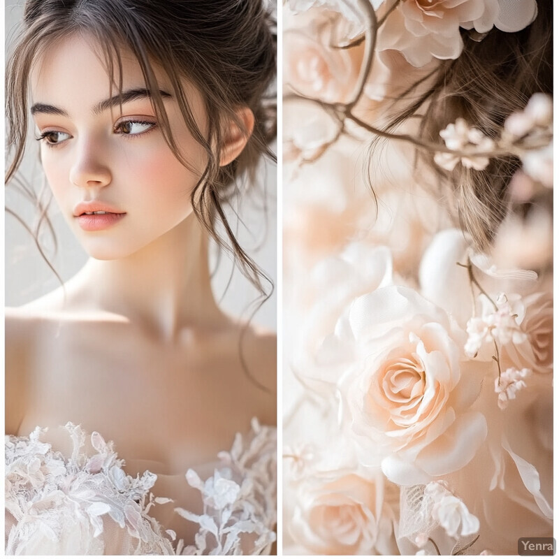 A young woman with dark hair and brown eyes wearing a white lace wedding dress.