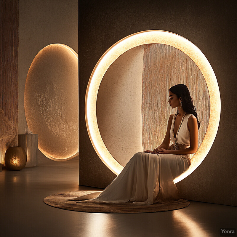 An elegant woman sits in front of a large circular light fixture, exuding sophistication and refinement.