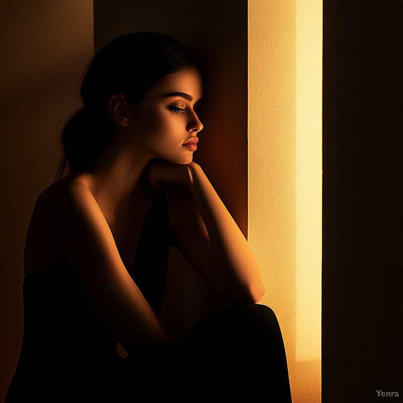 A woman sits in a dimly lit room, gazing out of the window at a cityscape.