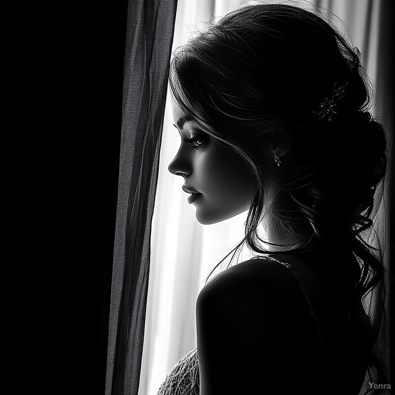 A black-and-white portrait of a woman with an updo and lace dress, captured in soft light.