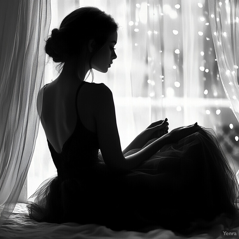 A ballerina sitting on the floor in front of a window, surrounded by soft light and delicate curtains.