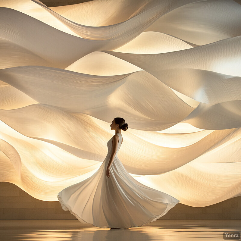 Woman in white dress standing in front of abstract art piece