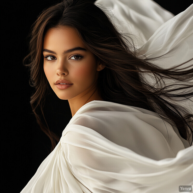 A woman in a white dress or top stands in front of a plain background, exuding serenity and elegance.