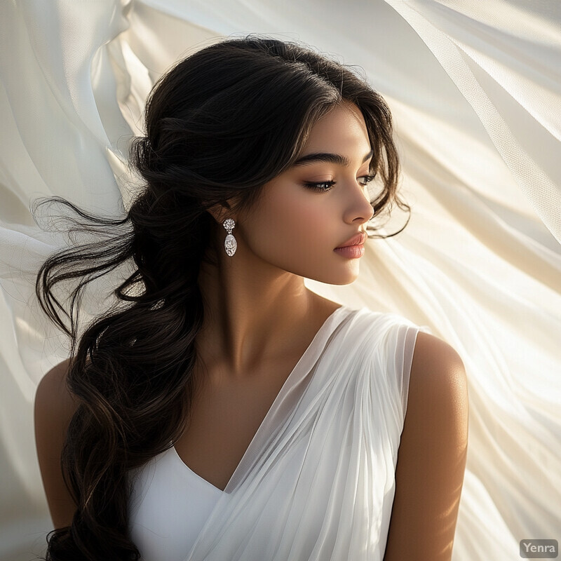 A woman in a white dress poses for a photo shoot, her long dark hair styled in a side braid and complemented by dangling earrings.